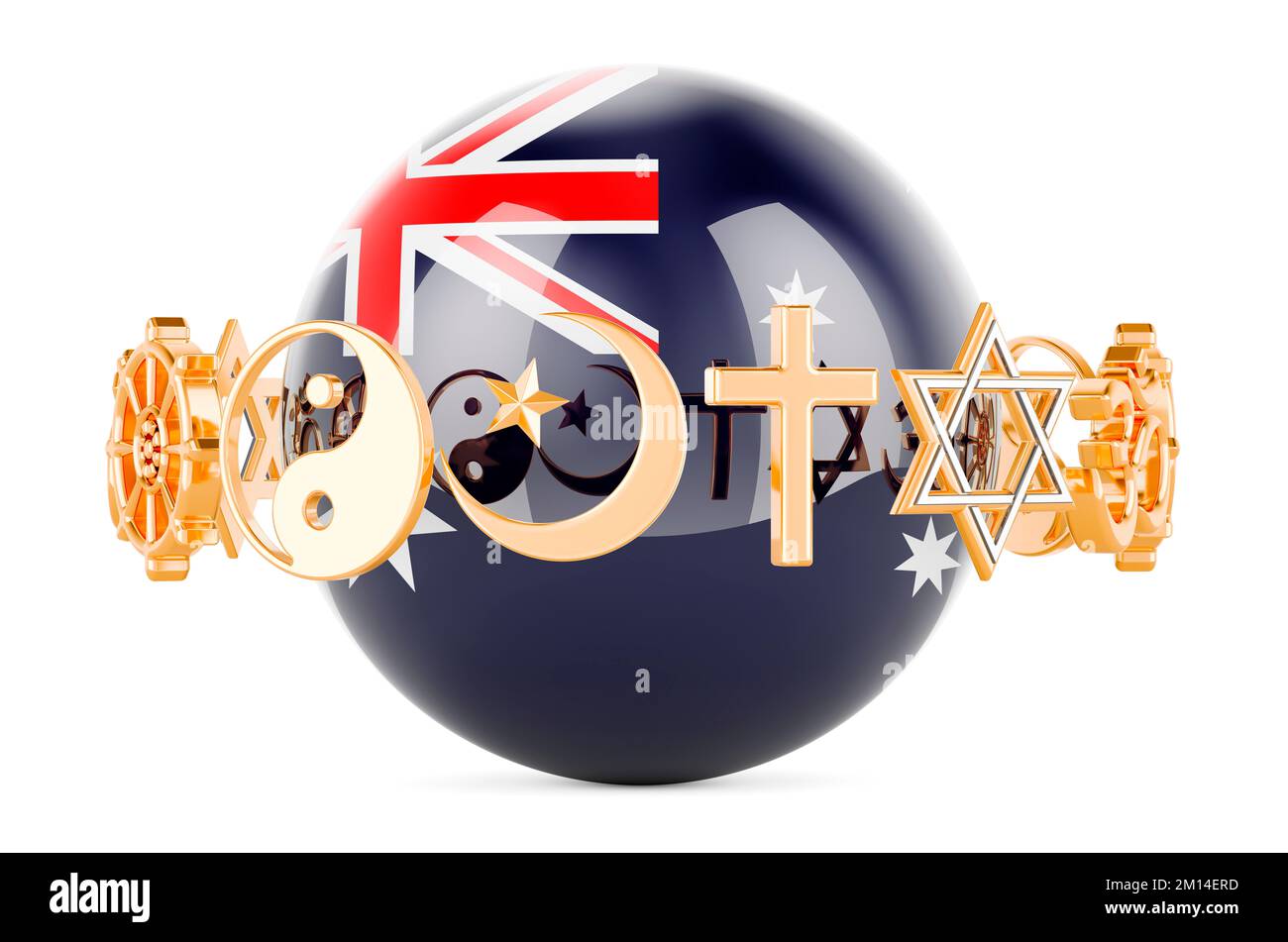 Australian flag painted on sphere with religions symbols around, 3D rendering isolated on white background Stock Photo