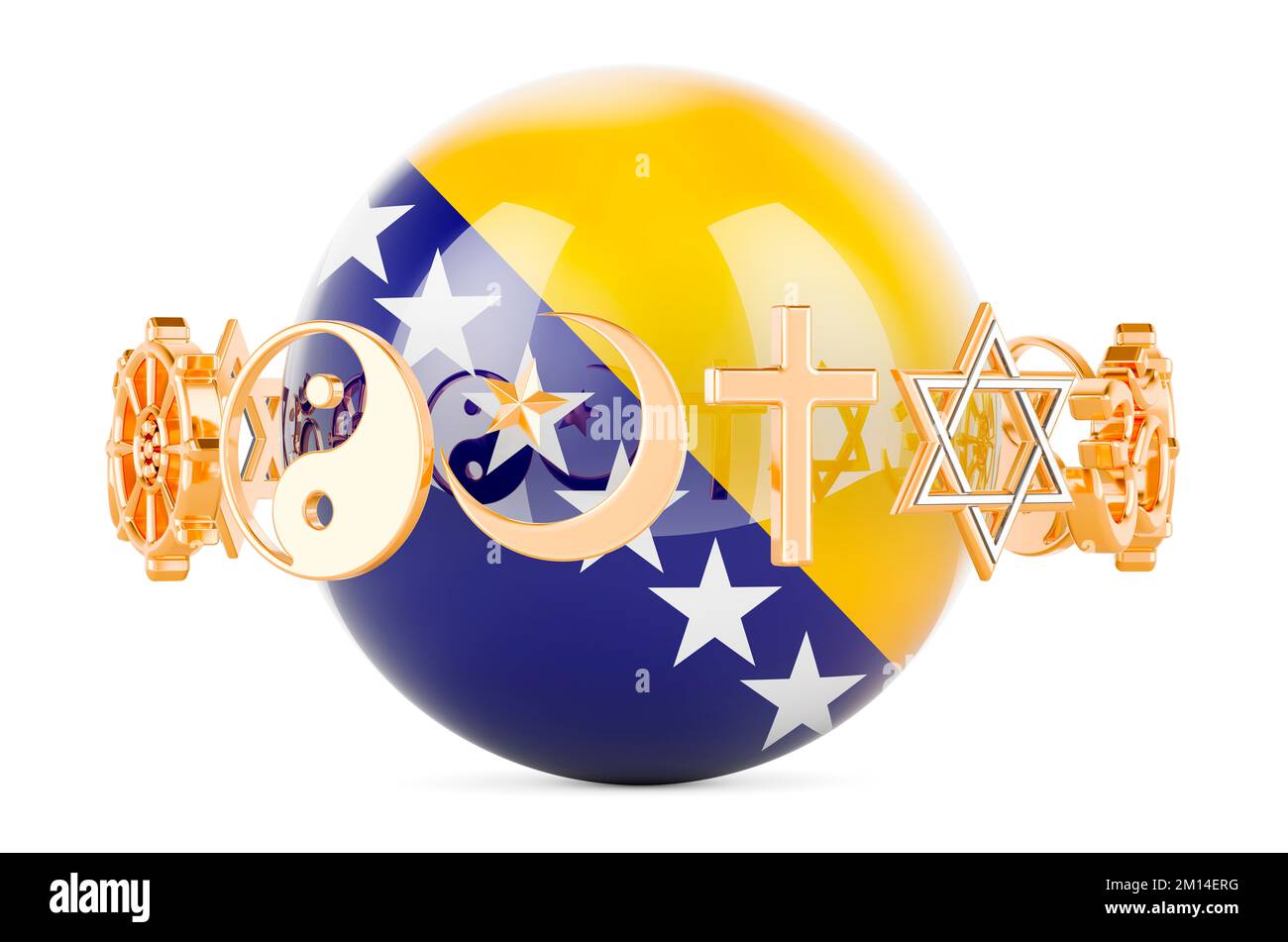 Bosnian and Herzegovinan  flag painted on sphere with religions symbols around, 3D rendering isolated on white background Stock Photo