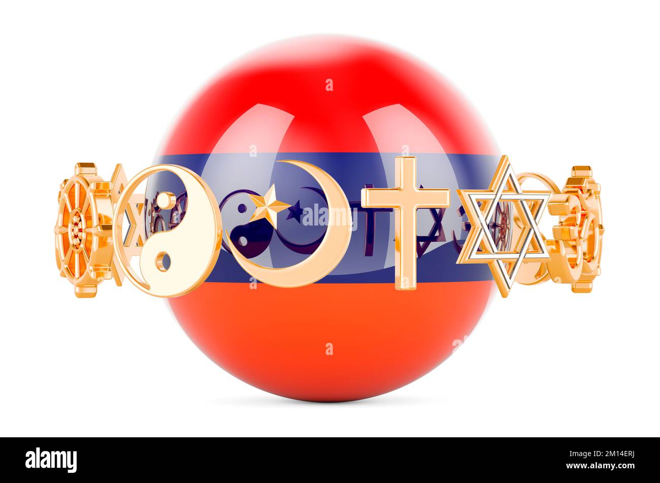 Armenian flag painted on sphere with religions symbols around, 3D rendering isolated on white background Stock Photo