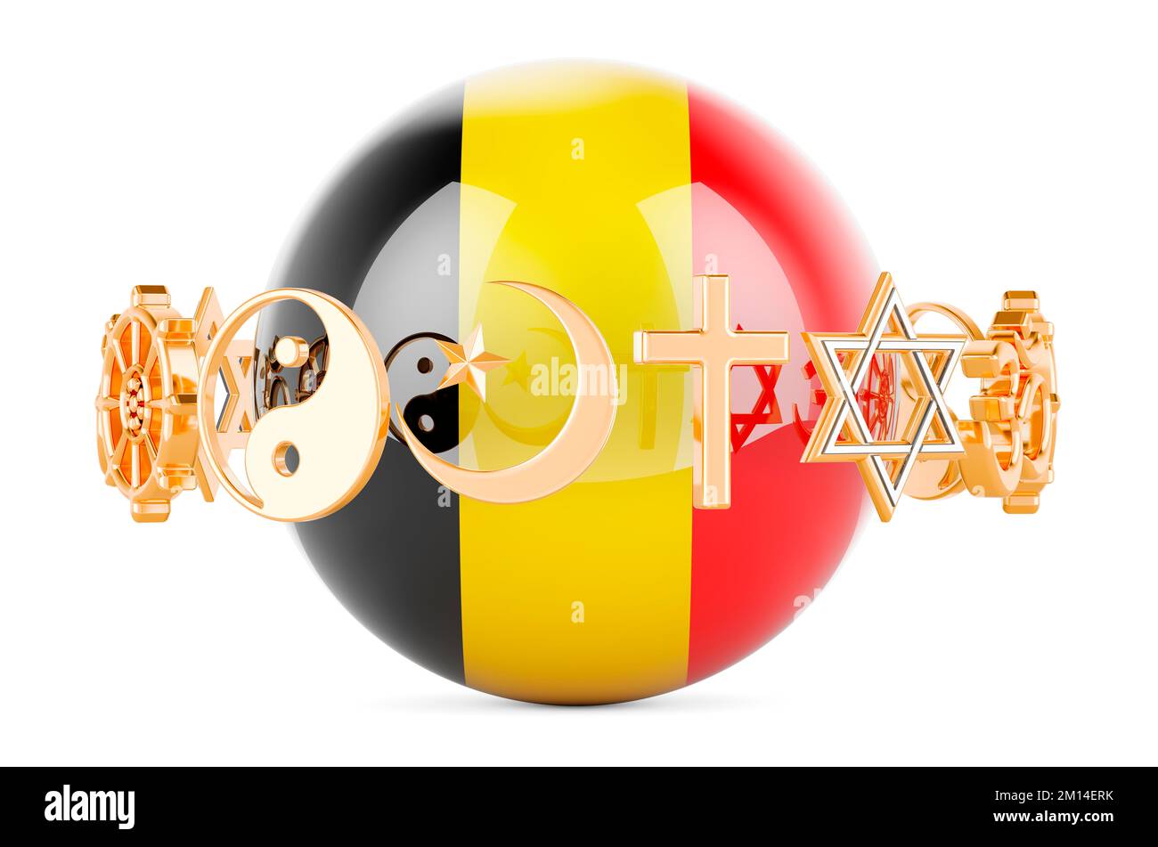Belgian flag painted on sphere with religions symbols around, 3D rendering isolated on white background Stock Photo