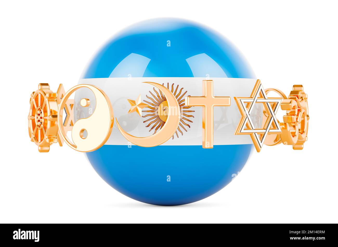 Argentinean flag painted on sphere with religions symbols around, 3D rendering isolated on white background Stock Photo