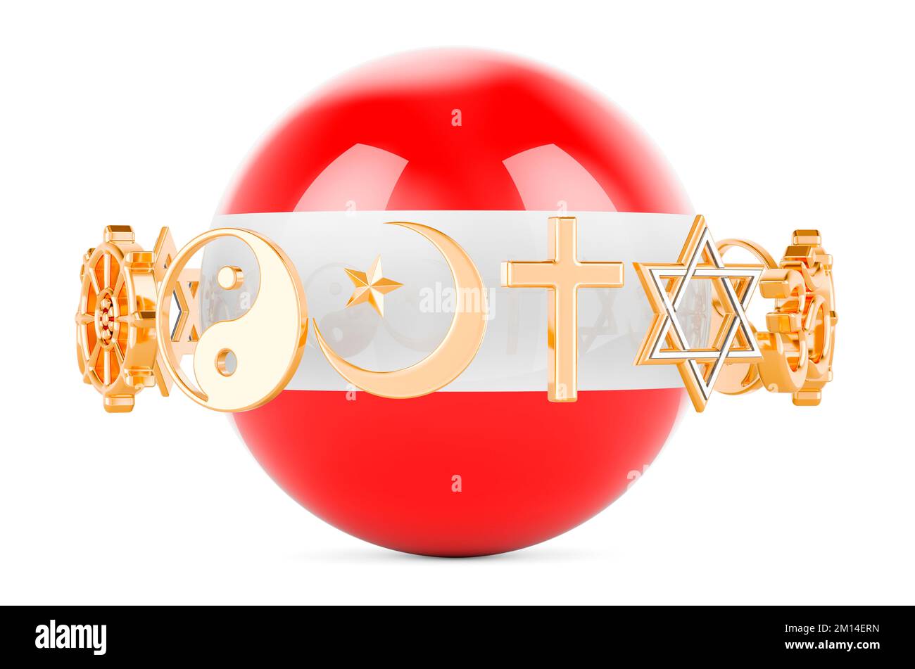 Austrian flag painted on sphere with religions symbols around, 3D rendering isolated on white background Stock Photo