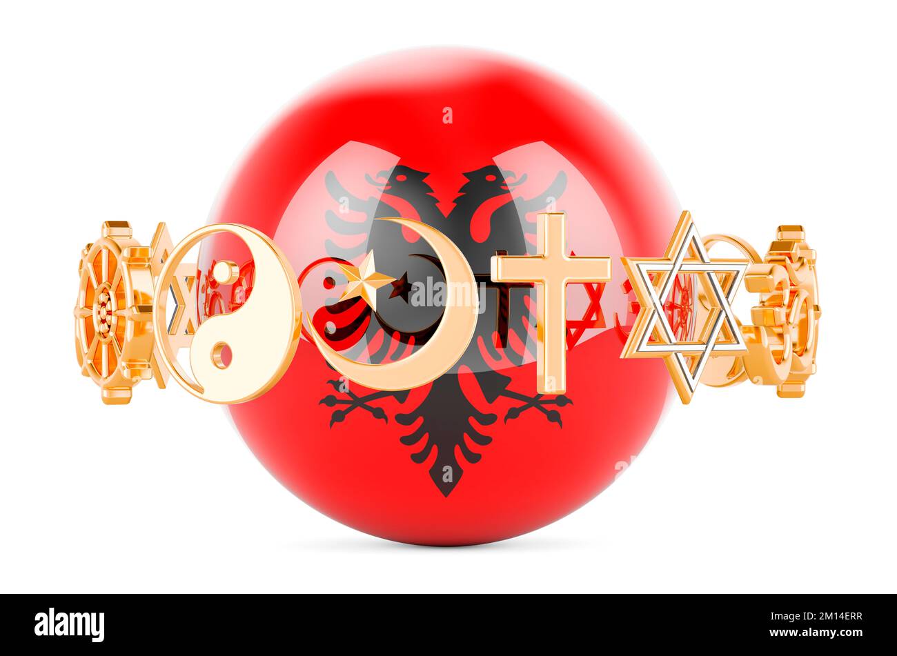 Albanian flag painted on sphere with religions symbols around, 3D rendering isolated on white background Stock Photo