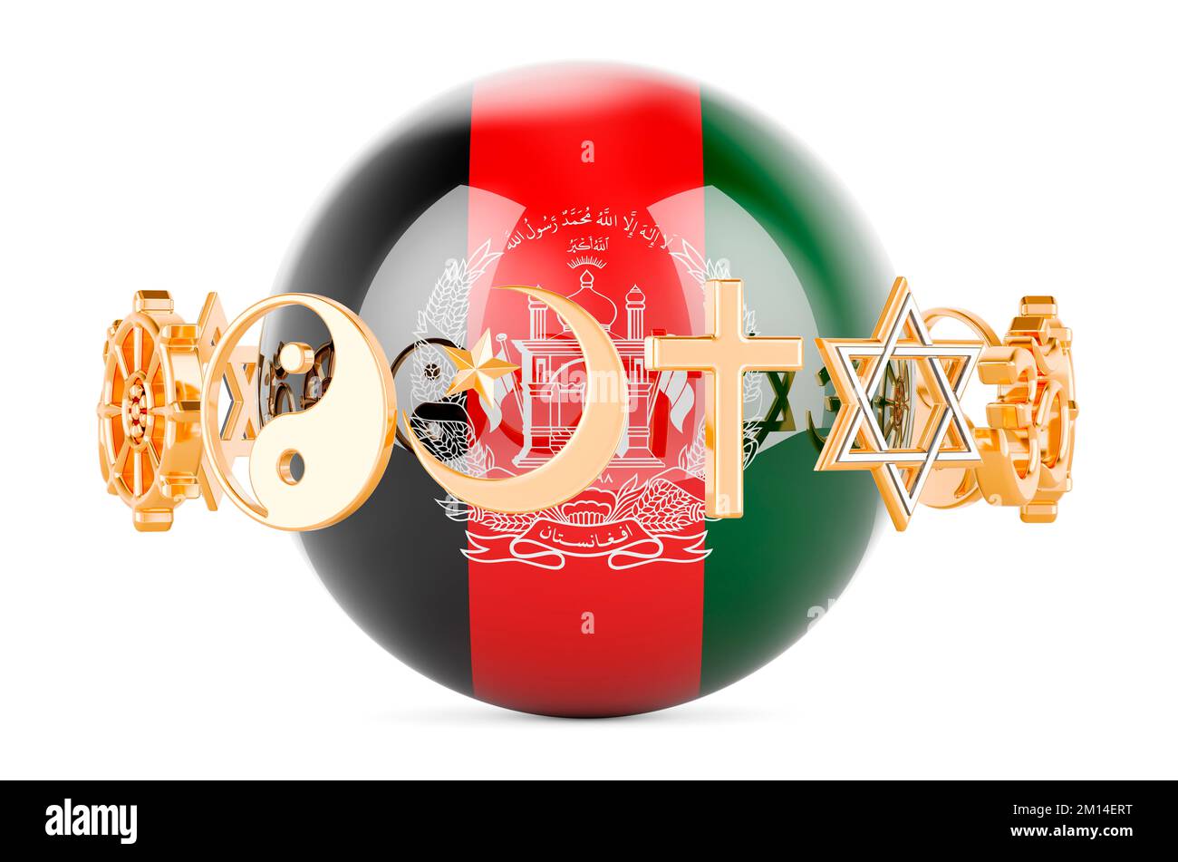Afghan flag painted on sphere with religions symbols around, 3D rendering isolated on white background Stock Photo