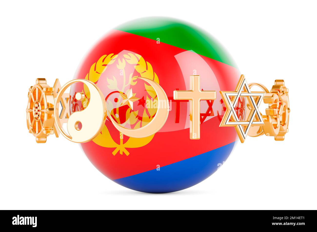 Eritrean flag painted on sphere with religions symbols around, 3D rendering isolated on white background Stock Photo