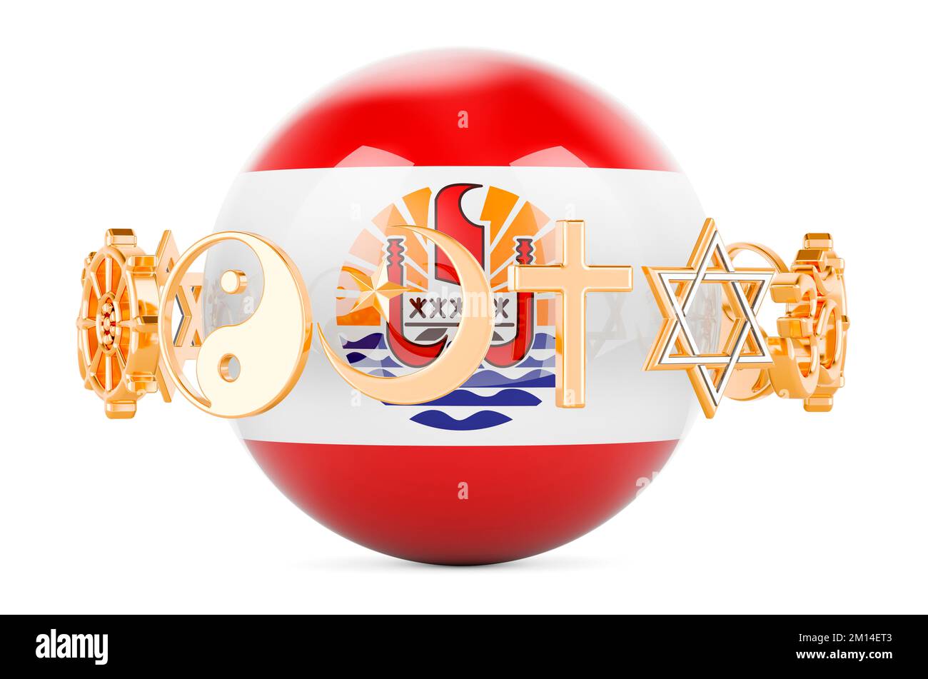 French Polynesian flag painted on sphere with religions symbols around, 3D rendering isolated on white background Stock Photo