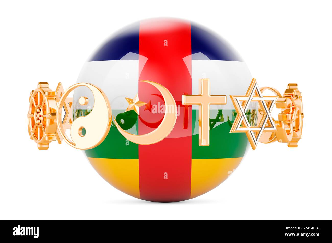 Central African Republic flag painted on sphere with religions symbols around, 3D rendering isolated on white background Stock Photo