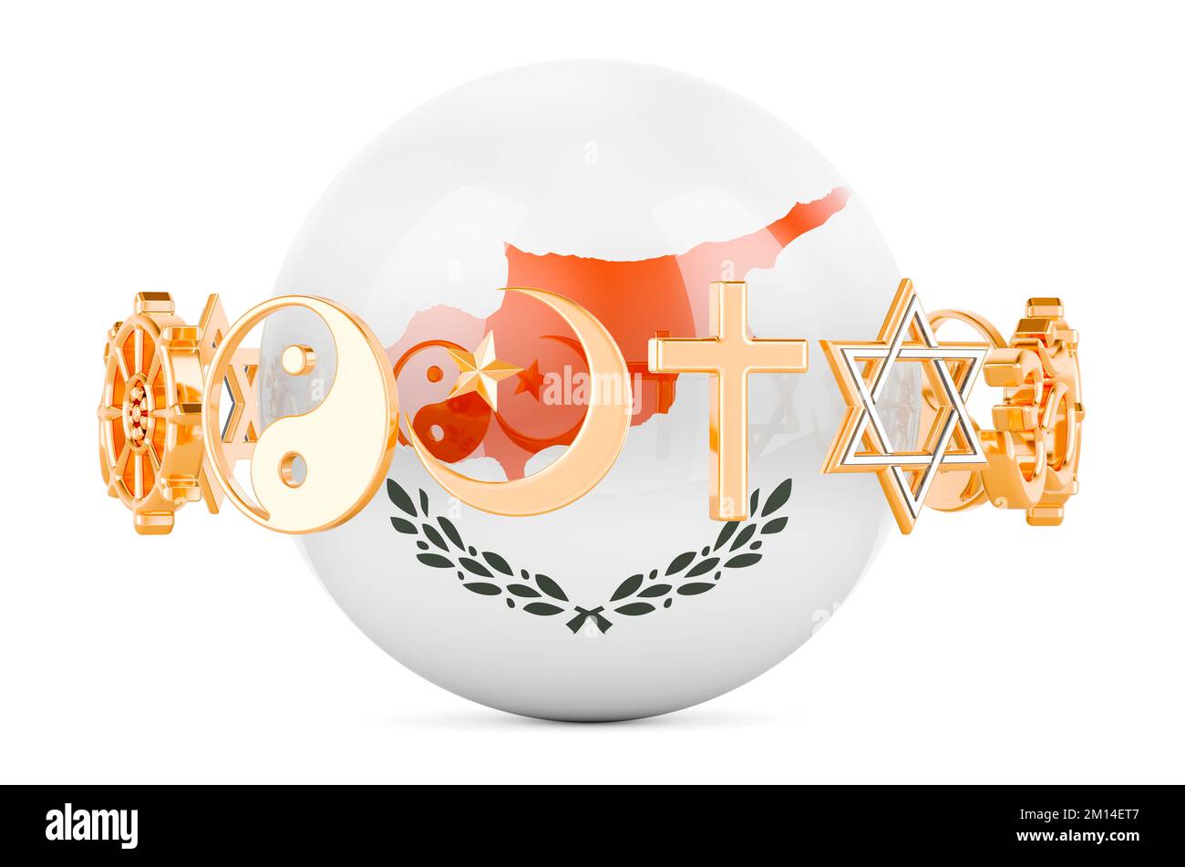 Cypriot flag painted on sphere with religions symbols around, 3D rendering isolated on white background Stock Photo