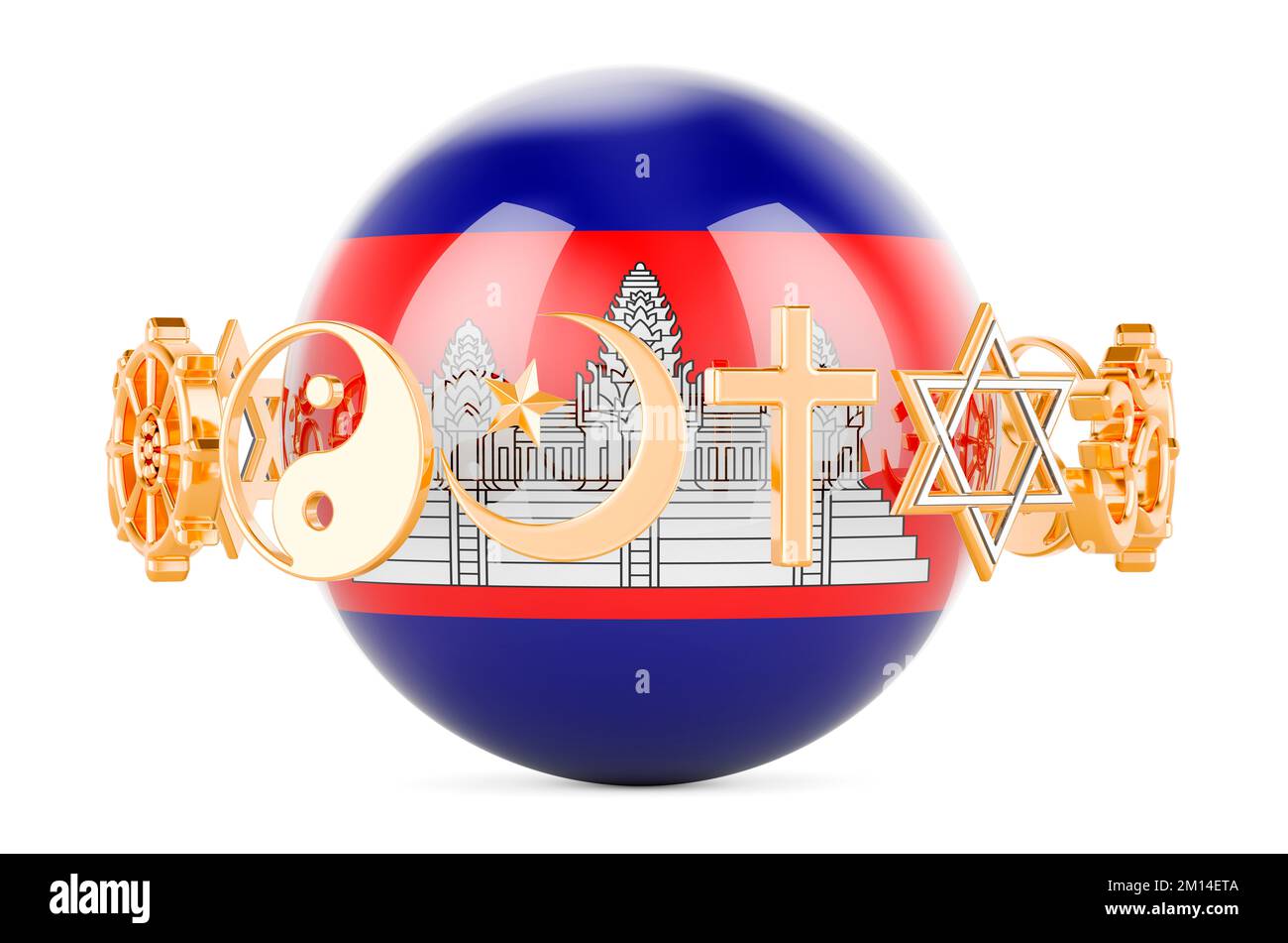Cambodian flag painted on sphere with religions symbols around, 3D rendering isolated on white background Stock Photo