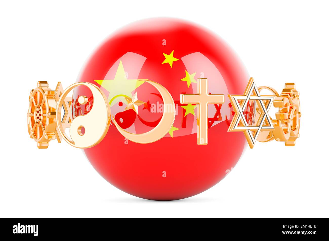 Chinese flag painted on sphere with religions symbols around, 3D rendering isolated on white background Stock Photo