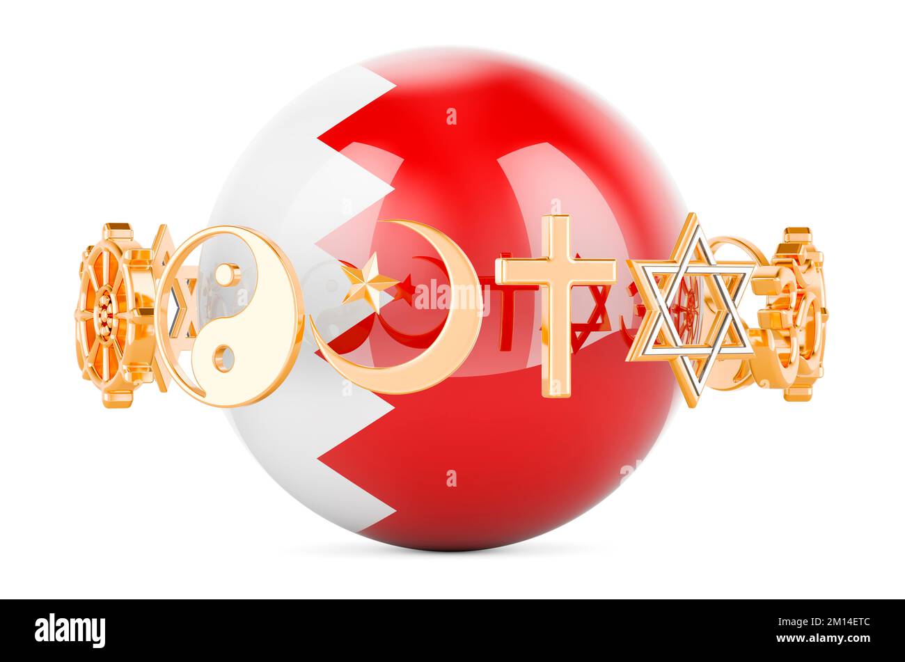 Bahraini flag painted on sphere with religions symbols around, 3D rendering isolated on white background Stock Photo