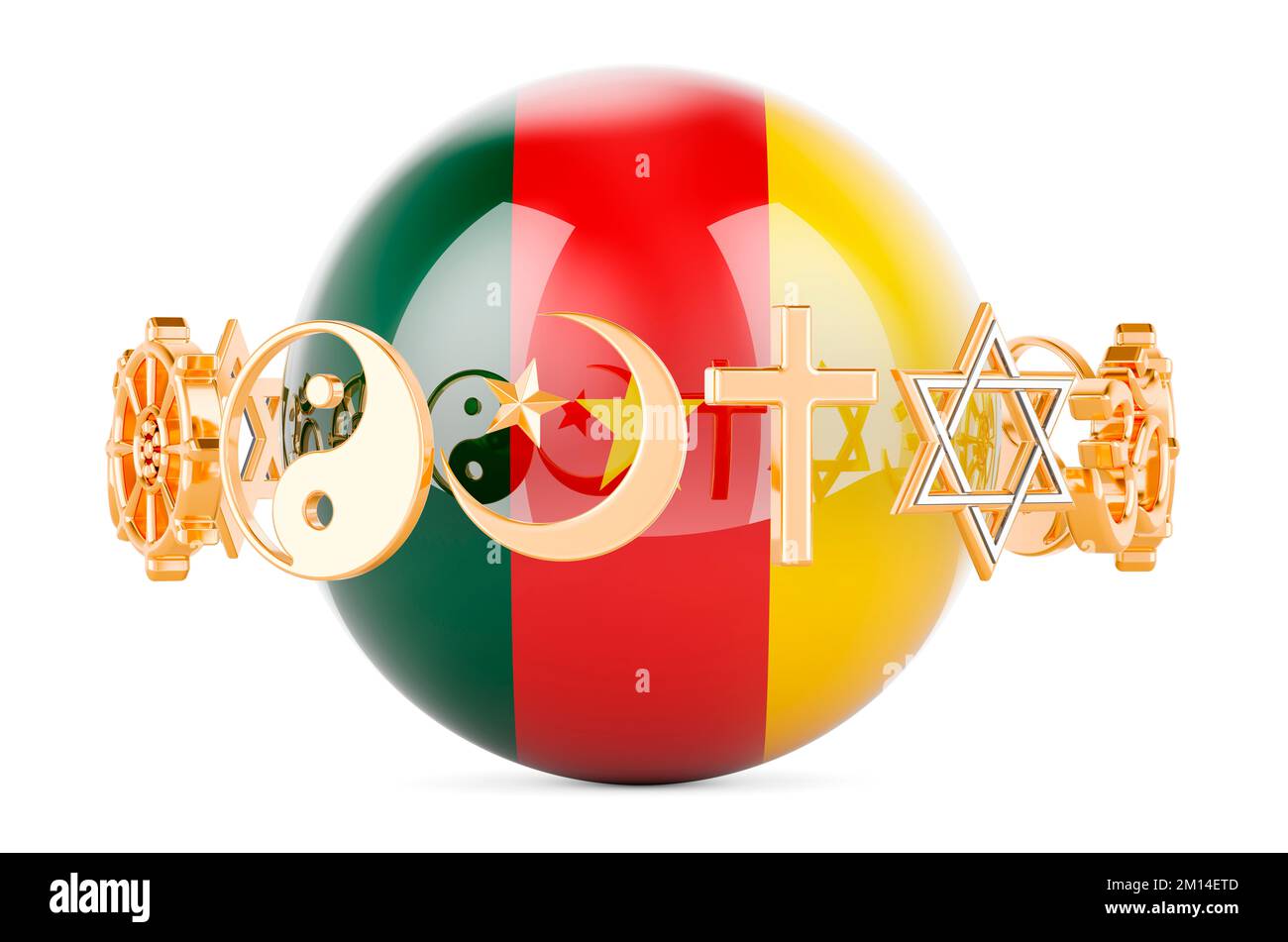 Cameroonian flag painted on sphere with religions symbols around, 3D rendering isolated on white background Stock Photo