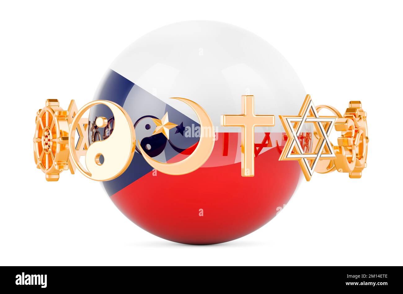 Czech flag painted on sphere with religions symbols around, 3D rendering isolated on white background Stock Photo