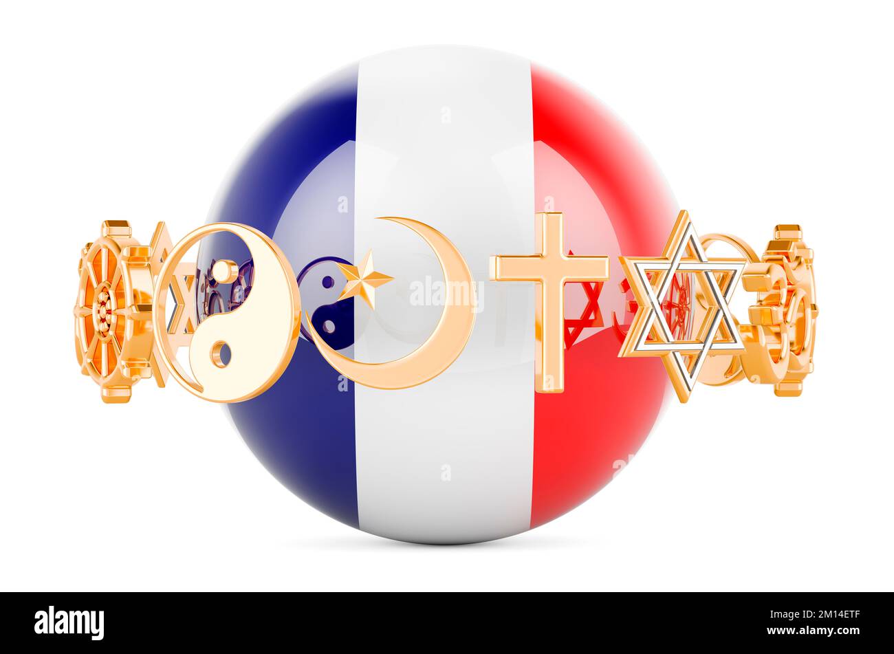 French flag painted on sphere with religions symbols around, 3D rendering isolated on white background Stock Photo