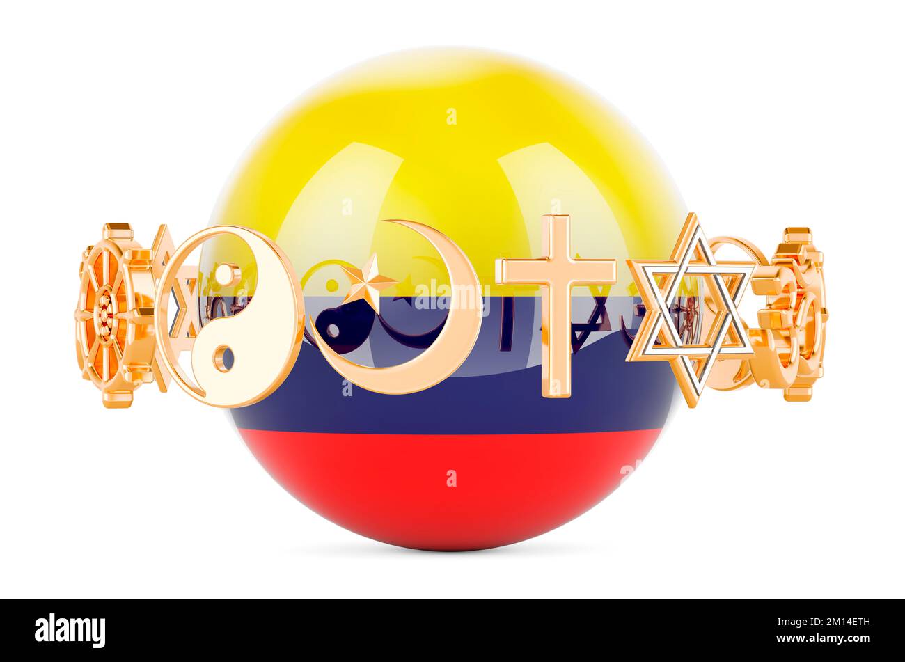 Colombian flag painted on sphere with religions symbols around, 3D rendering isolated on white background Stock Photo