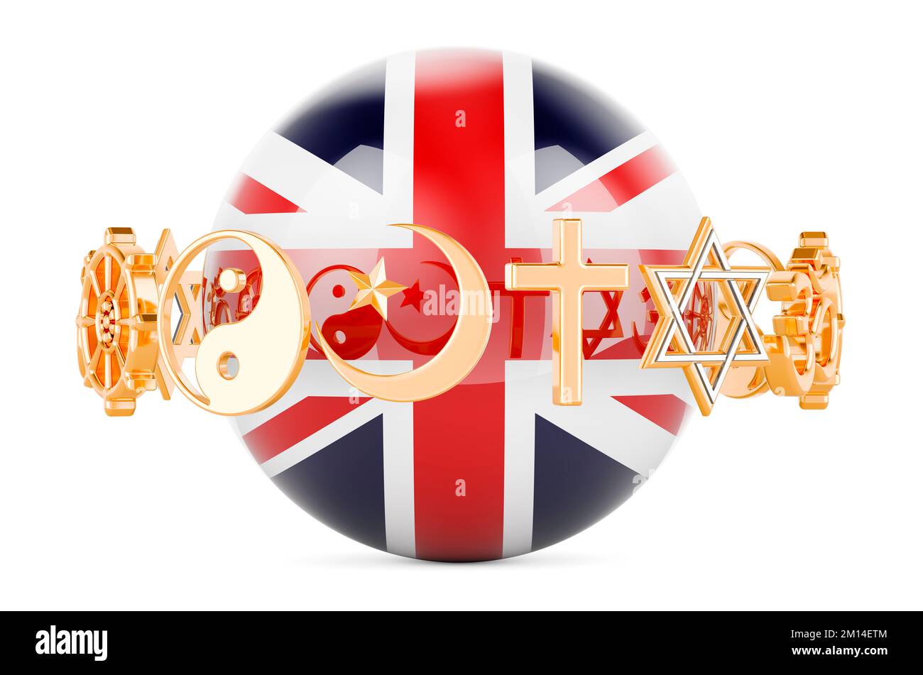 British flag painted on sphere with religions symbols around, 3D rendering isolated on white background Stock Photo