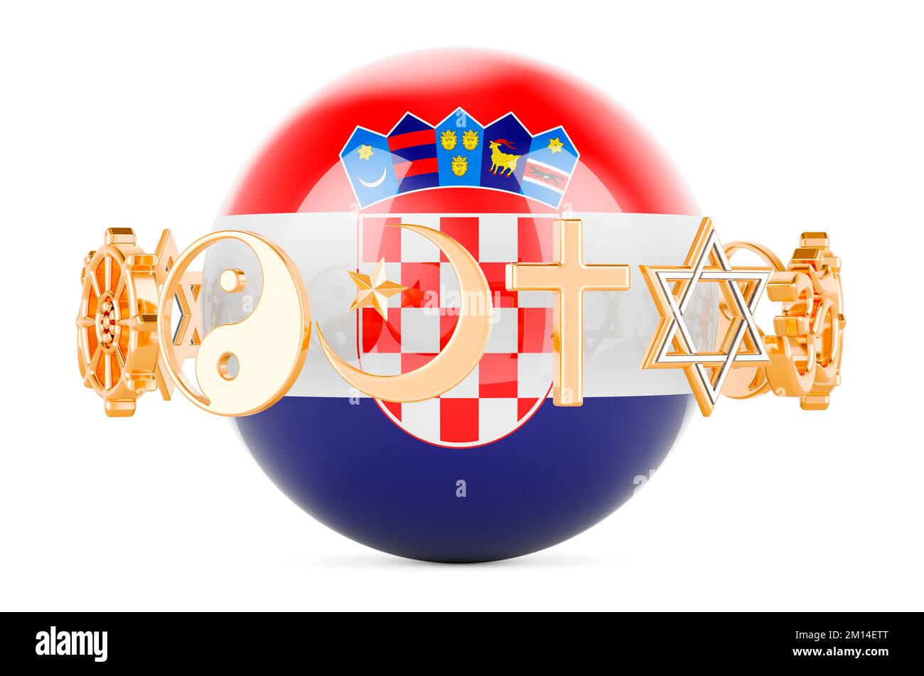 Croatian flag painted on sphere with religions symbols around, 3D rendering isolated on white background Stock Photo