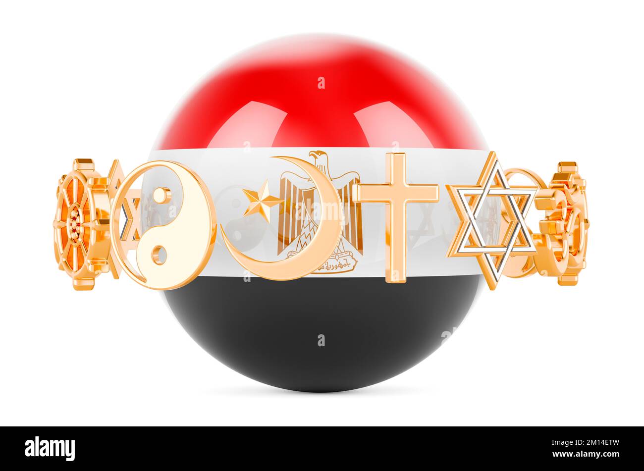 Egyptian flag painted on sphere with religions symbols around, 3D rendering isolated on white background Stock Photo