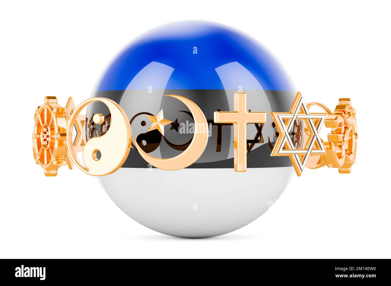 Estonian flag painted on sphere with religions symbols around, 3D rendering isolated on white background Stock Photo