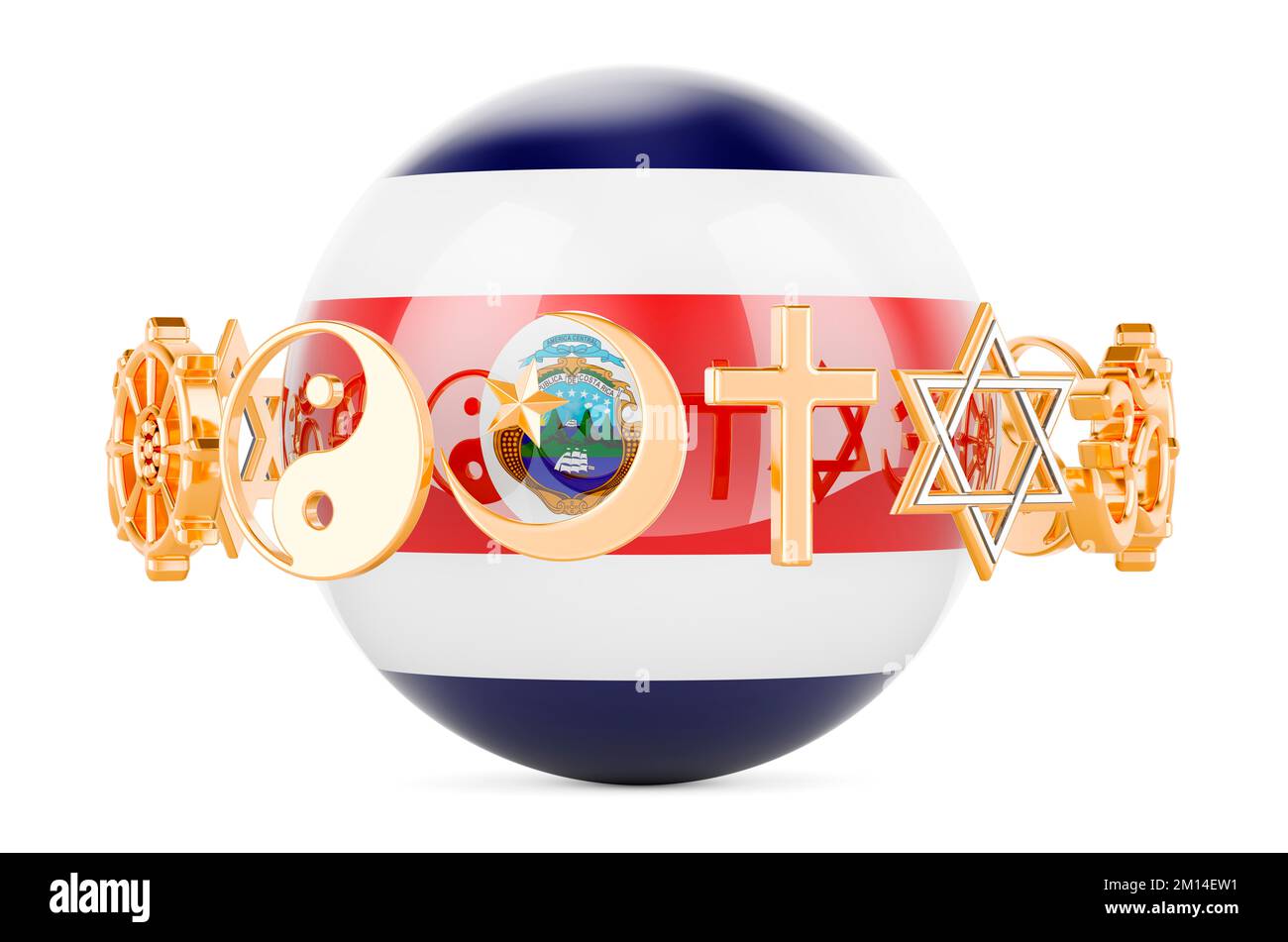 Costa Rican flag painted on sphere with religions symbols around, 3D rendering isolated on white background Stock Photo