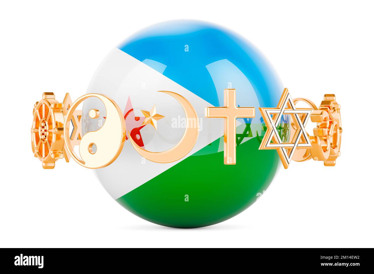 Djiboutian flag painted on sphere with religions symbols around, 3D rendering isolated on white background Stock Photo