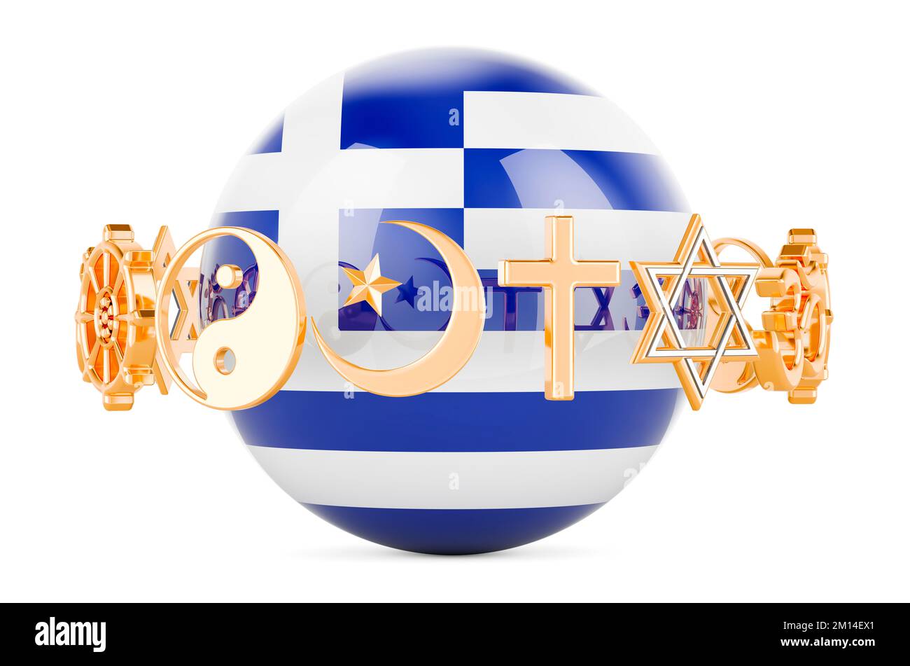 Greek flag painted on sphere with religions symbols around, 3D rendering isolated on white background Stock Photo