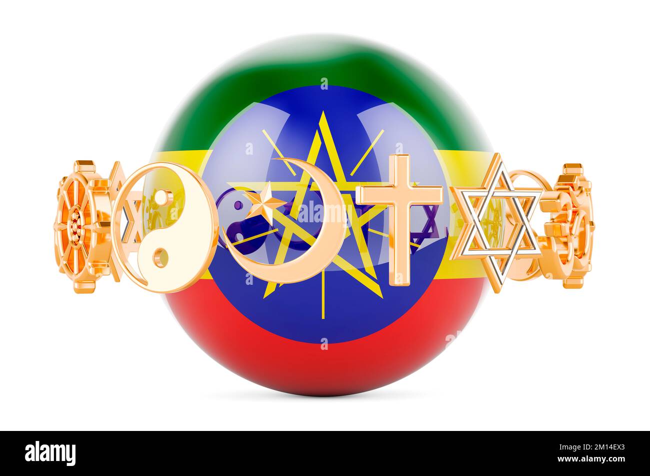 Ethiopian flag painted on sphere with religions symbols around, 3D rendering isolated on white background Stock Photo