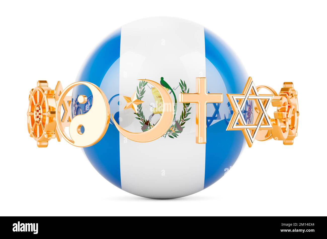 Guatemalan flag painted on sphere with religions symbols around, 3D rendering isolated on white background Stock Photo
