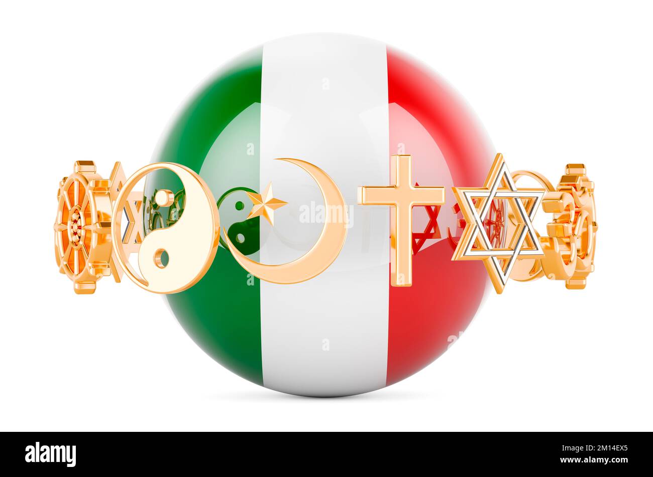 Italian flag painted on sphere with religions symbols around, 3D rendering isolated on white background Stock Photo