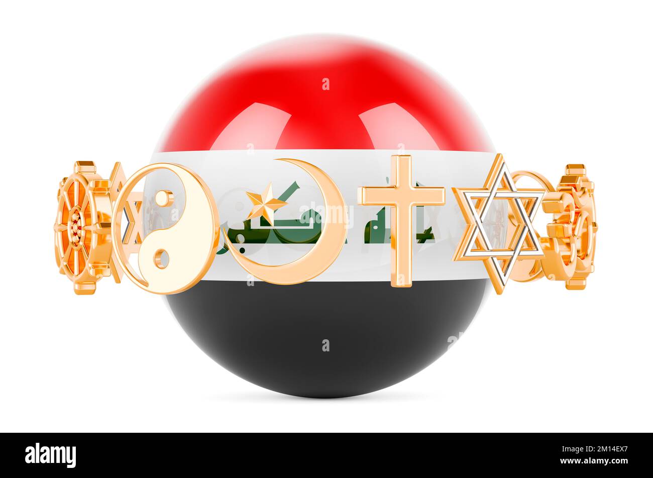 Iraqi flag painted on sphere with religions symbols around, 3D rendering isolated on white background Stock Photo