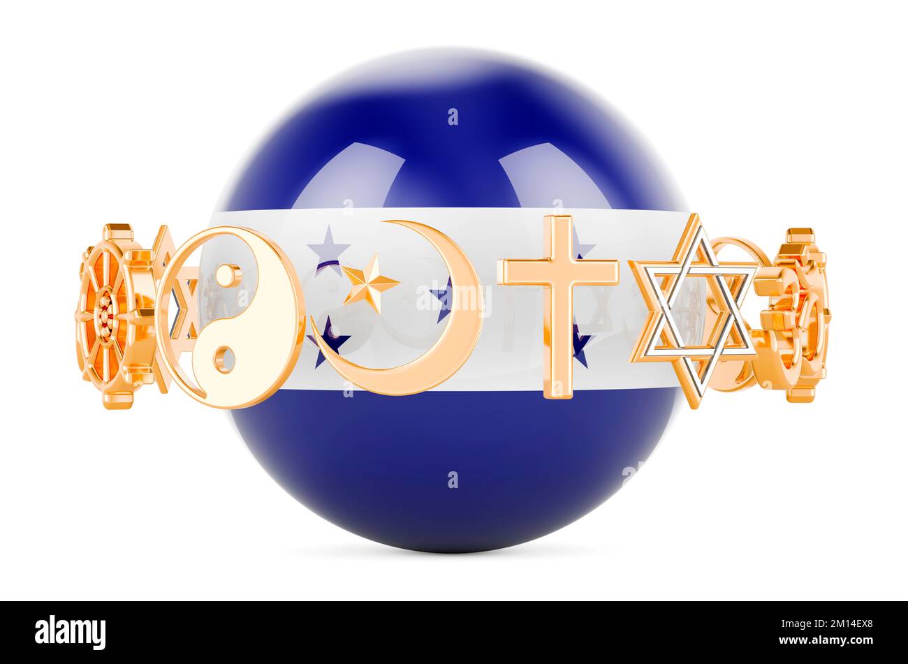 Honduranian flag painted on sphere with religions symbols around, 3D rendering isolated on white background Stock Photo
