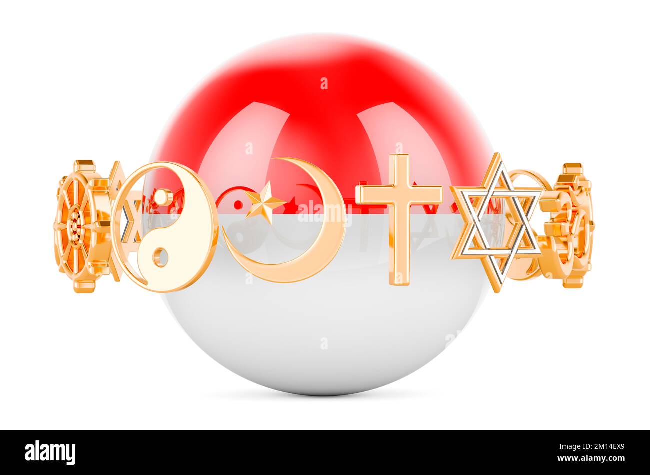 Indonesian, Monacan flag painted on sphere with religions symbols around, 3D rendering isolated on white background Stock Photo