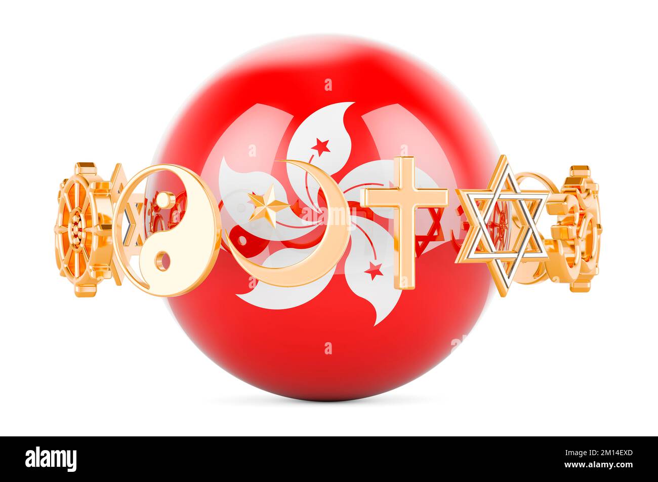 Hong Kong flag painted on sphere with religions symbols around, 3D rendering isolated on white background Stock Photo