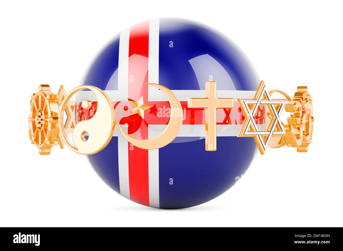 Icelandic flag painted on sphere with religions symbols around, 3D rendering isolated on white background Stock Photo