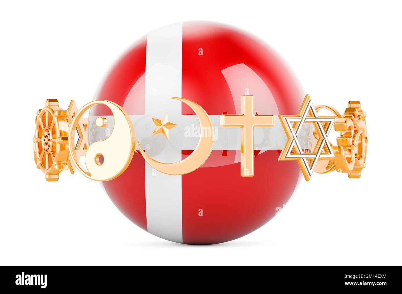 Danish flag painted on sphere with religions symbols around, 3D rendering isolated on white background Stock Photo