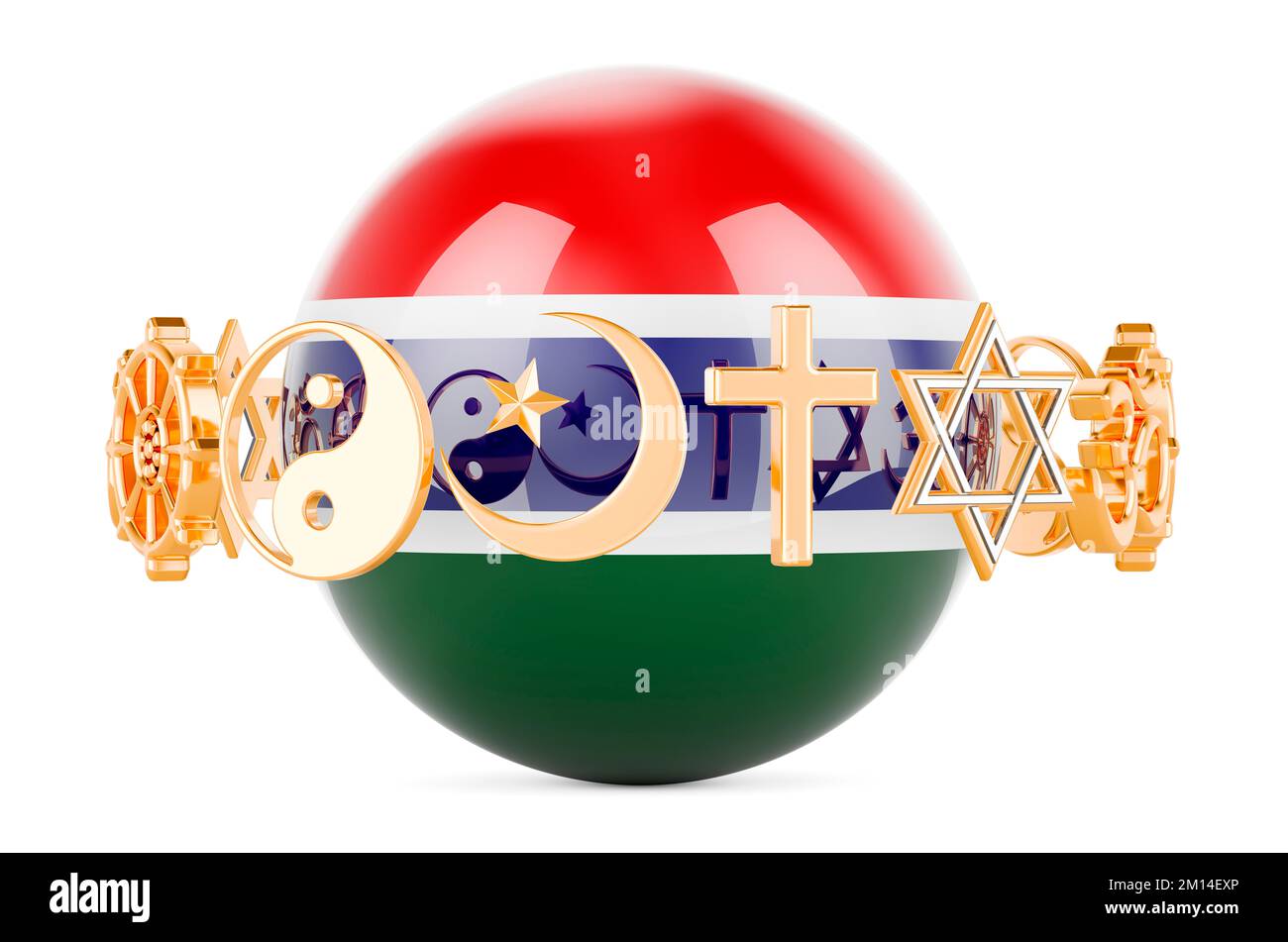 Gambia flag painted on sphere with religions symbols around, 3D rendering isolated on white background Stock Photo