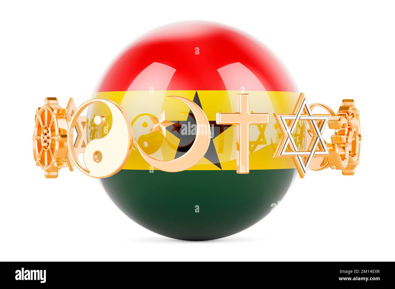 Ghanaian flag painted on sphere with religions symbols around, 3D rendering isolated on white background Stock Photo