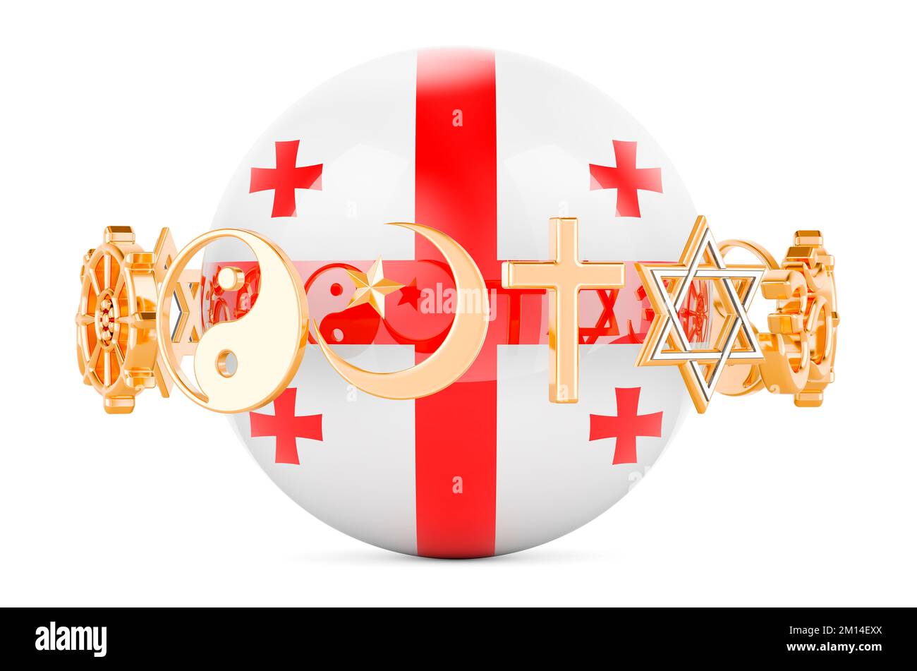 Georgian flag painted on sphere with religions symbols around, 3D rendering isolated on white background Stock Photo