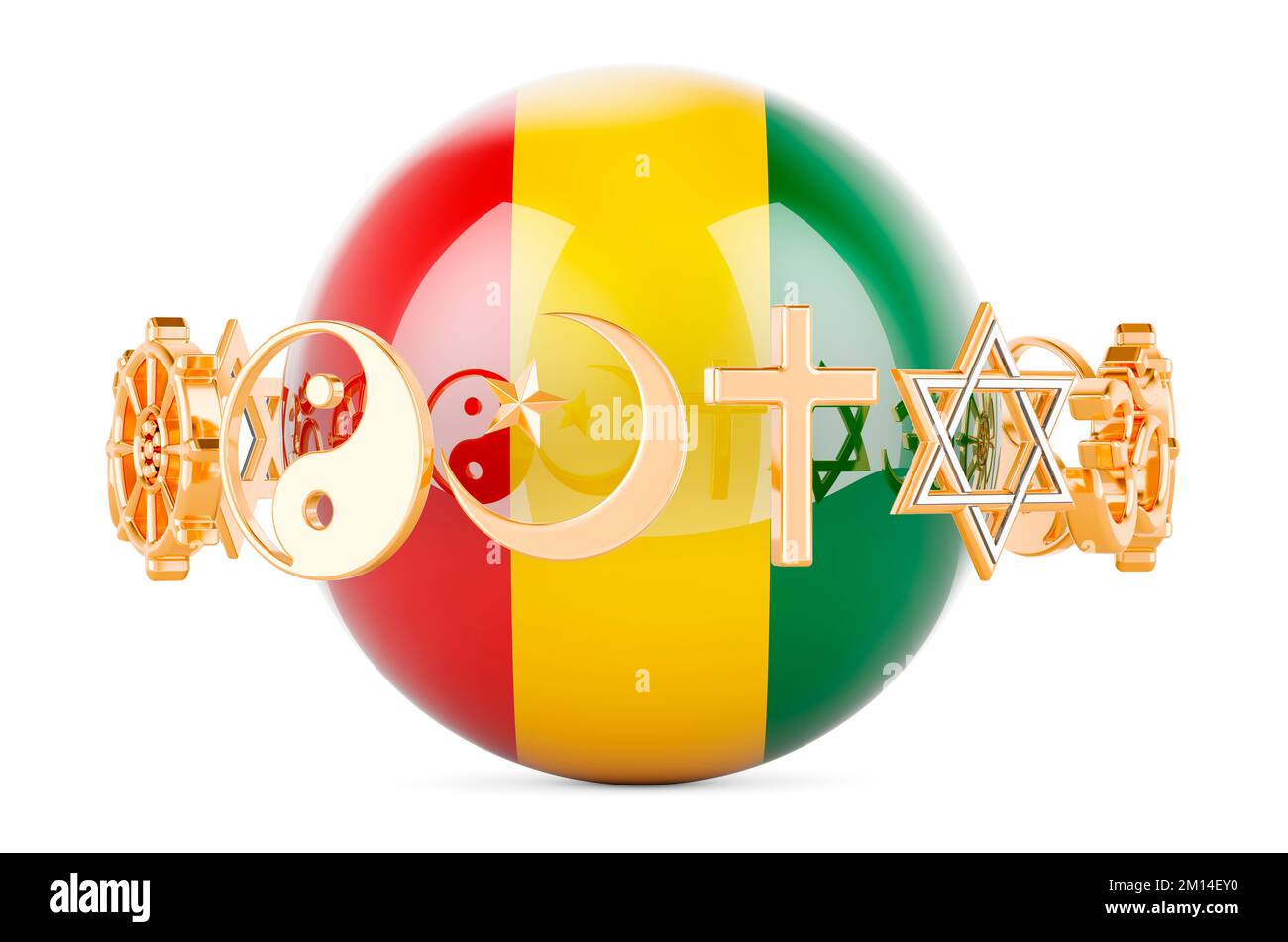 Guinean flag painted on sphere with religions symbols around, 3D rendering isolated on white background Stock Photo