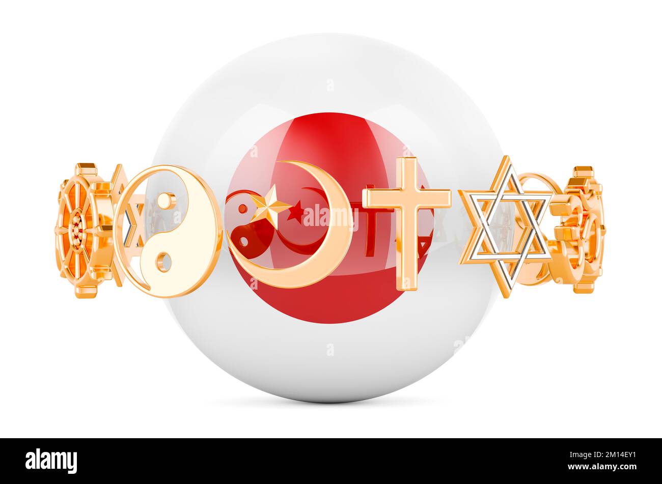 Japanese flag painted on sphere with religions symbols around, 3D rendering isolated on white background Stock Photo