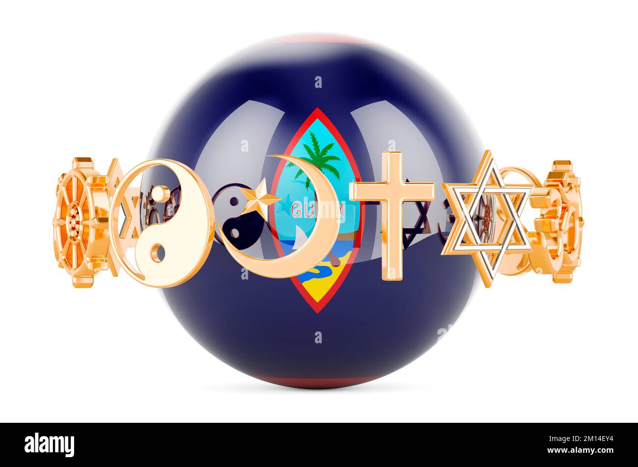 Guamanian flag painted on sphere with religions symbols around, 3D rendering isolated on white background Stock Photo
