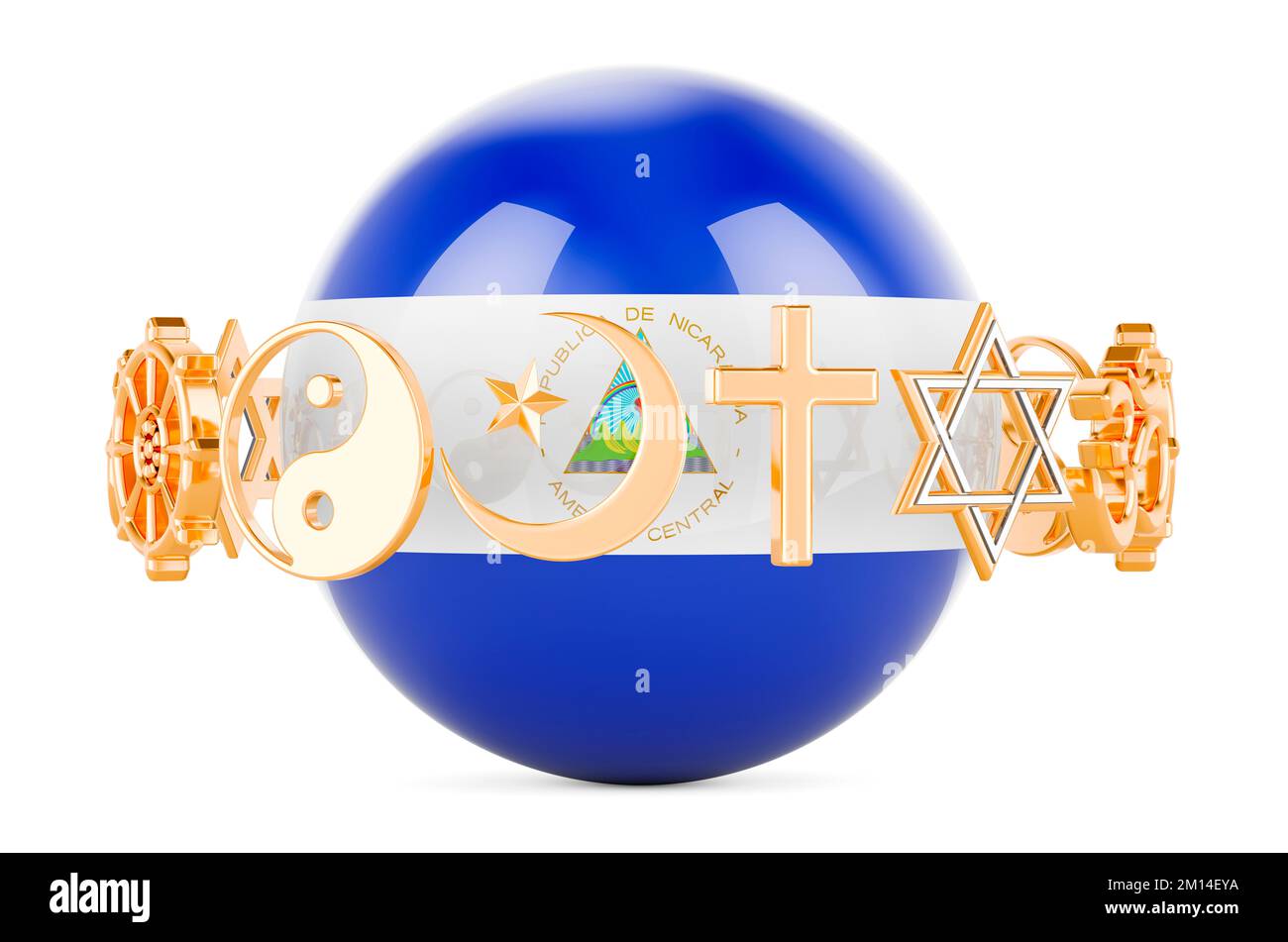 Nicaraguan flag painted on sphere with religions symbols around, 3D rendering isolated on white background Stock Photo