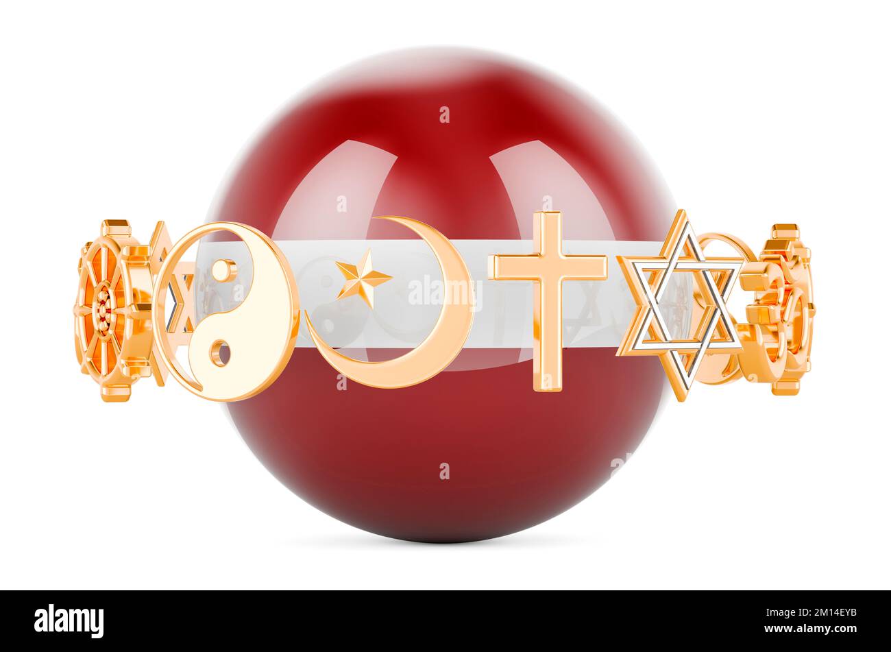 Latvian flag painted on sphere with religions symbols around, 3D rendering isolated on white background Stock Photo