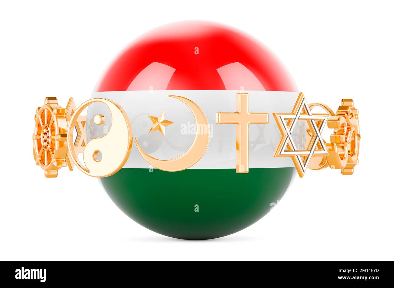 Hungarian flag painted on sphere with religions symbols around, 3D rendering isolated on white background Stock Photo