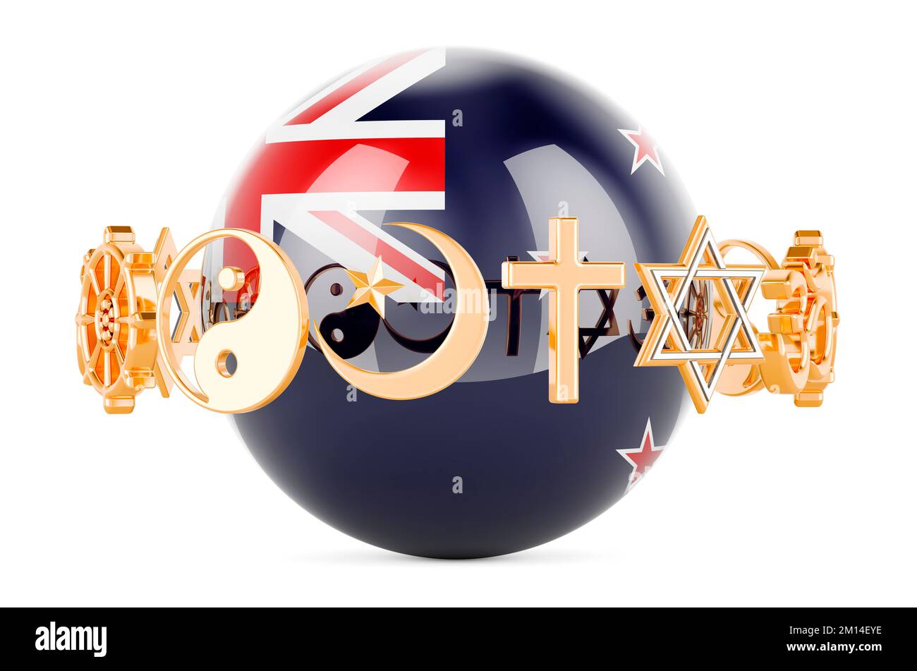 New Zealand flag painted on sphere with religions symbols around, 3D rendering isolated on white background Stock Photo
