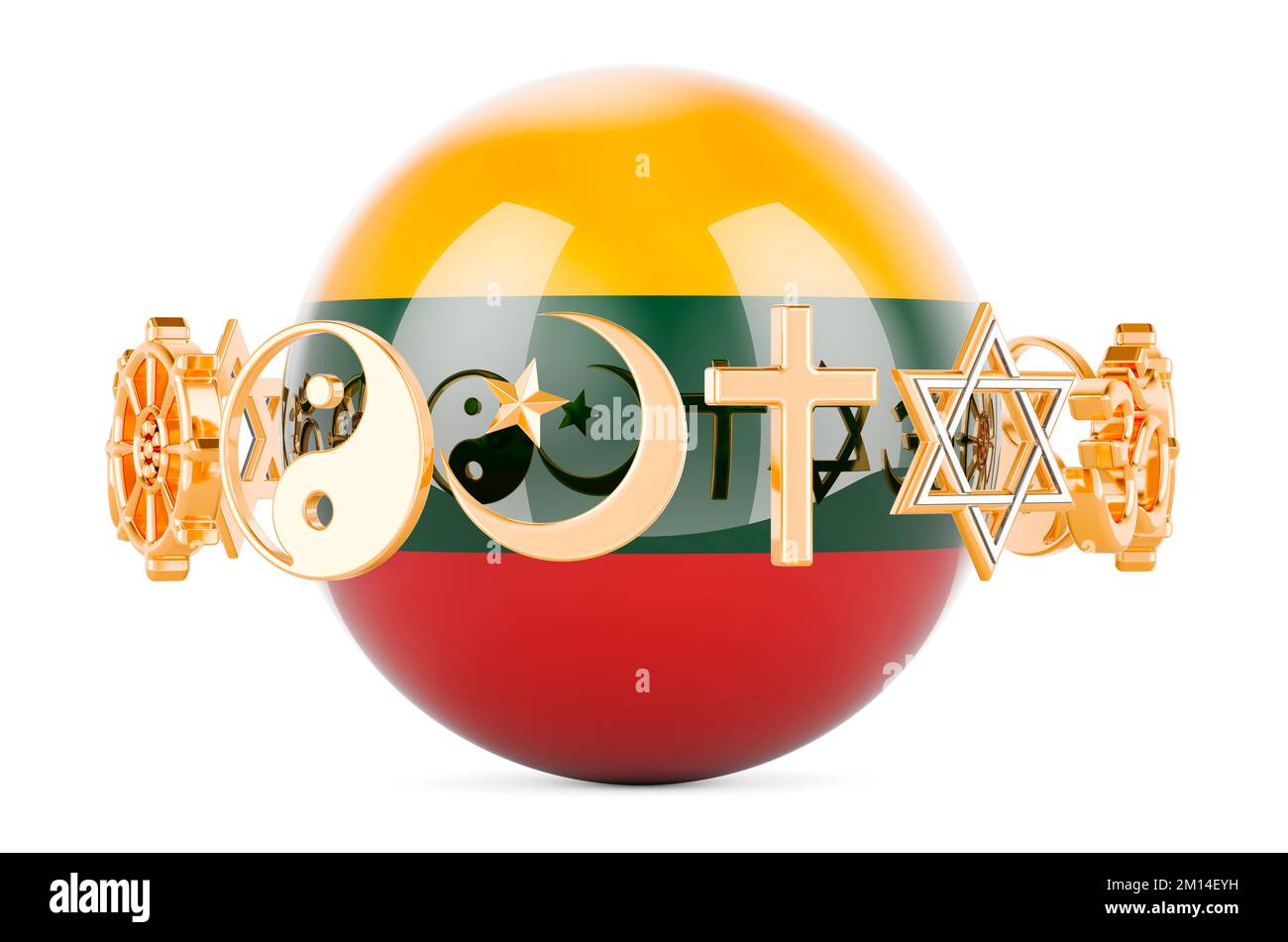 Lithuanian flag painted on sphere with religions symbols around, 3D rendering isolated on white background Stock Photo