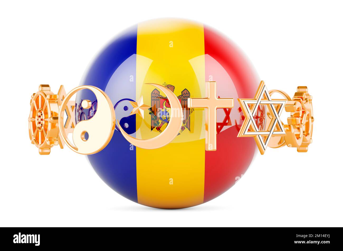 Moldovan flag painted on sphere with religions symbols around, 3D rendering isolated on white background Stock Photo
