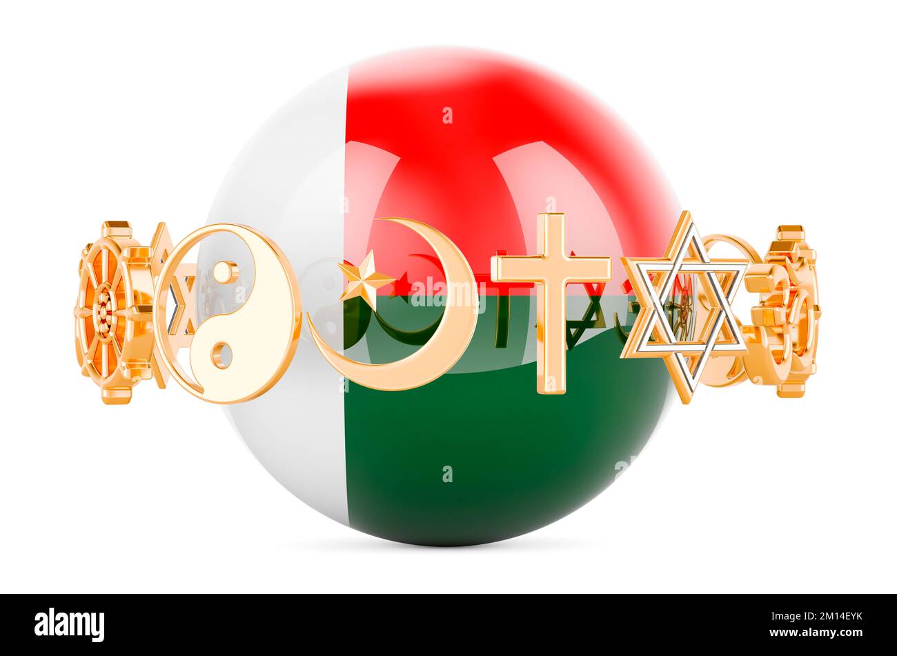 Madagascar flag painted on sphere with religions symbols around, 3D rendering isolated on white background Stock Photo