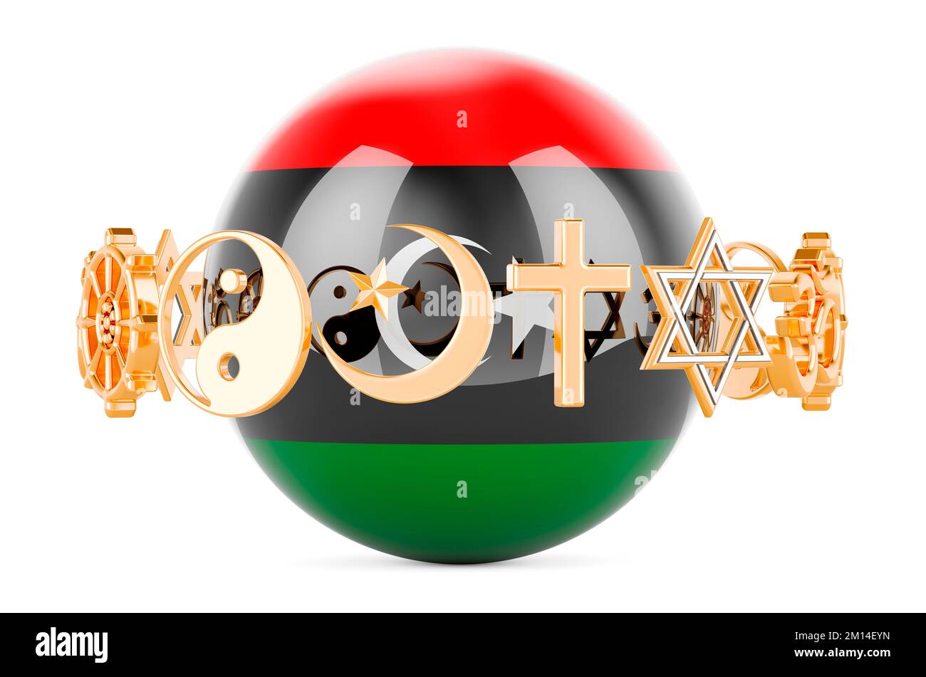 Libyan flag painted on sphere with religions symbols around, 3D rendering isolated on white background Stock Photo