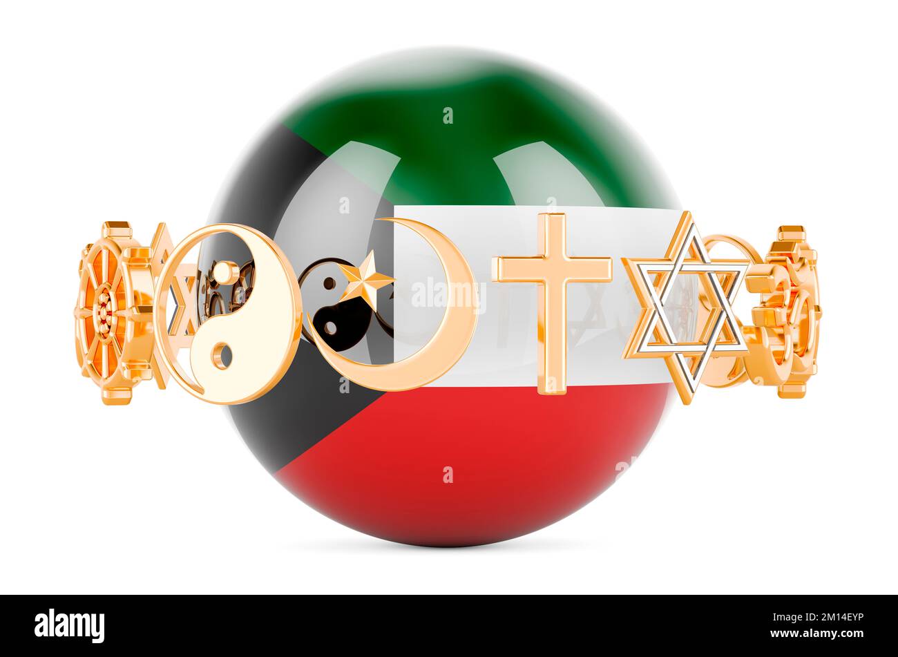 Kuwaiti flag painted on sphere with religions symbols around, 3D rendering isolated on white background Stock Photo